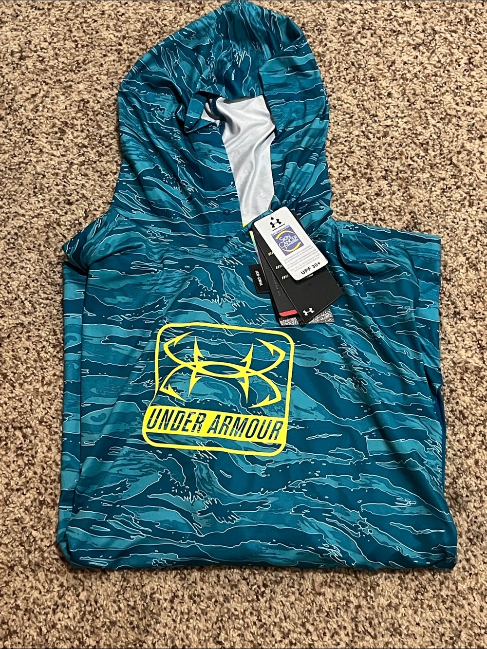 NWTUnderArmour Teal Wave-Print Hooded Performance Pullover with Neon Yellow Logo